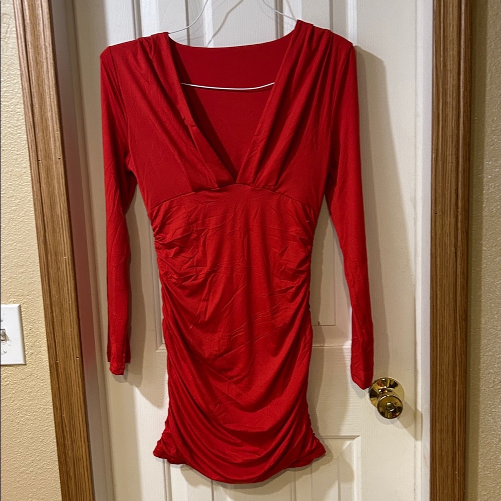 Rouched Elegant Red Long Sleeve Dress